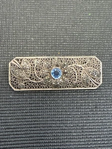 Antiguo broche barra filigrana plata 835 prendedor diseño flor azul marcasita F21 - Imagen 1 de 12