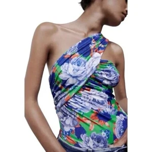 ZARA Bodysuit Top Womens S Assymmetrical Floral Blue Stretchy One Shoulder - Picture 1 of 8