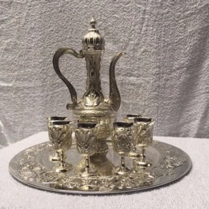 Quality Decorative Silver Plated Aftaaba 11" Jug Goblet set+Tray 12" and 6 Cups - Picture 1 of 9