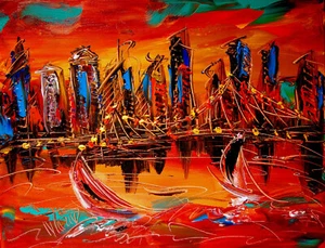 MANHATTAN by M. Kazav Abstract Modern Original Oil Painting h9Dt - Picture 1 of 6