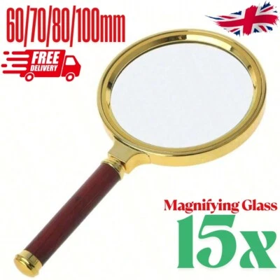 60/70/80/90/100mm 15x Magnifying Glass Handheld Aid Big Large Reading Jewelry - Image 1 of 4
