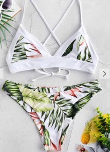 ZAFUL Tropical Leaf Criss Cross Bikini Set - Multi-a S - Picture 1 of 2