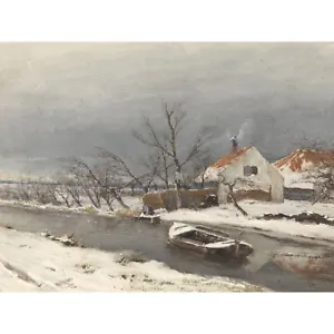 Louis Apol Winter Landscape Houses Canal Painting XL Wall Art Canvas Print - Picture 1 of 6