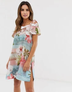 TED BAKER tropical floral print ruffle bow bardot beach swim cover up dress L - Picture 1 of 9