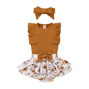Newborn Baby Girls Clothes Ruffle Romper Tops Floral Pants Headband Outfit Set