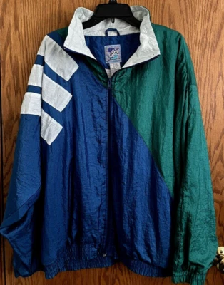 Jaqueta masculina vintage Santana náilon corta-vento ou zíper azul verde branca tamanho XL - Imagem 1 de 4