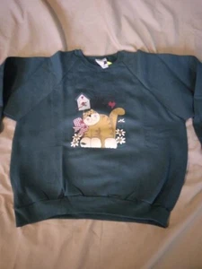 Adult L Green Sweatshirt Birdies Welcome cat and birdhouse 277071 - Picture 1 of 2