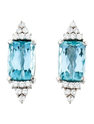 Transparent Cushion Shape 16.00CT Aquamarine With 1.60CT CZ Women's Stud Earring - Image 1 of 4