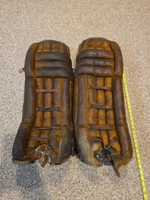 VINTAGE Old Leather Goalie Hockey Leg Pads COOPER Chisholm, MN H.S. 30" - Image 1 of 4
