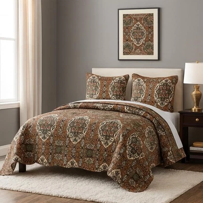 Earthy Cross Motif Folk Bedspread - Cozy Arabian Moroccan Ogee Rustic Antique... - Image 1 of 4