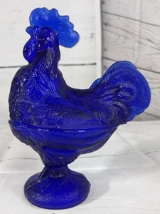 9 in  Antique Vintage Style Cobalt Blue Glass Rooster Chicken Hen Candy Dish - Picture 1 of 8