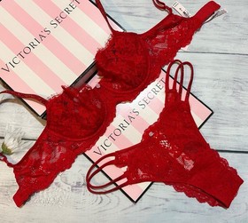 Victoria's Secret Shine Strap Dream Angels Lace Bra Brazilian Set Shimmer Red