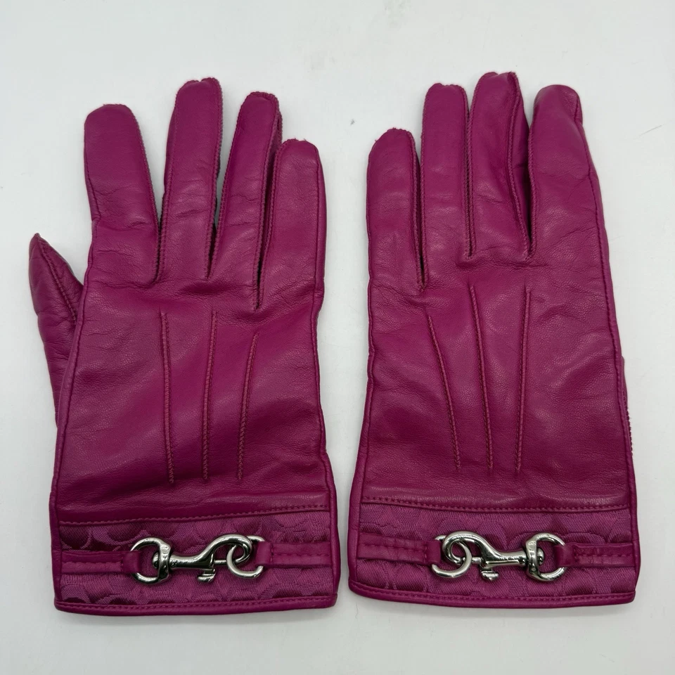COACH Womens Leather Gloves Pink Size 7.5 Small Cashmere Lining Silver Clip - Image 1 of 4