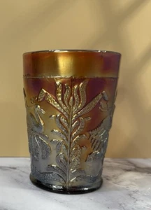 Antiker Amethyst Bernstein flauschiger Pfau Fenton Glas 4" hoch irisierend geprägt - Bild 1 von 13