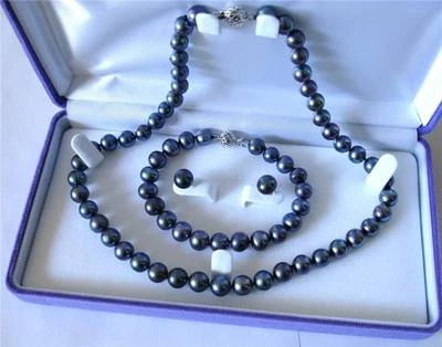 8-9mm Natural Black Akoya Cultured Pearl Bracelet Necklace Earrings Set AA+ - Image 1 of 4