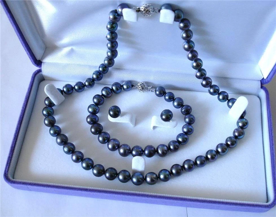 8-9mm Natural Black Akoya Cultured Pearl Bracelet Necklace Earrings Set AA+ - Image 1 of 4