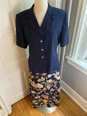 FALDA FLORAL VINTAGE OLEG CASSINI CON CHAQUETA AZUL MARINO-TALLA 10-ESTILO FUERA DEL PASADO Foto 1 de 4