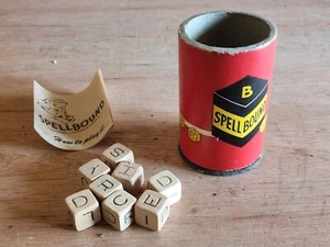 SPELLBOUND Dice Game Shaker Cup 8 Wood Letter Dice Instructions 1940s Vintage - Picture 1 of 14