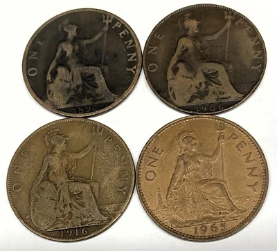 # C4979    GREAT BRITAIN  LARGE  PENNY  4 DIF.  COINS,  1896, 1906, 1916, 1965 - Image 1 of 2