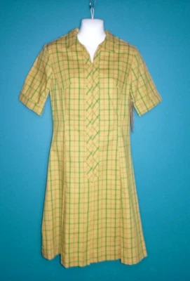 Novo com etiquetas Vintage Anos 60 Penney Glenbrooke Vestido de Dia Verde Dourado Xadrez Pregas Zíper Frontal Tamanho M - Imagem 1 de 4