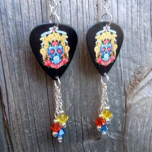 Sugar Skull Guitar Pick Earrings with Swarovski Crystal Dangles - Picture 1 of 3