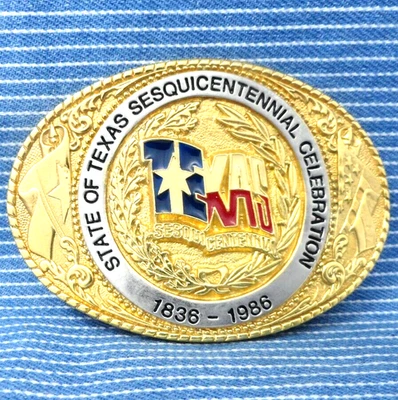 Fivela de cinto State of Texas 150 Years Celebration 1836 1986 24k GP vintage TLB.BMW825 - Imagem 1 de 4