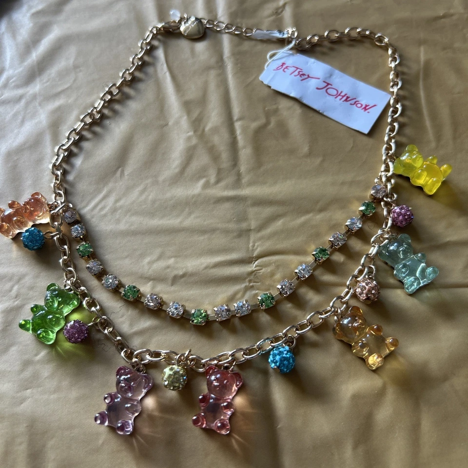 Betsey Johnson Pastel Gummy Bear Charm & Rhinestone Gold Tone Necklace 16" + 3" - Image 1 of 2