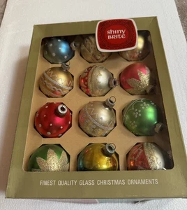 12 VINTAGE shiny Brite Glass Hand Blow Christmas Tree Ornaments Original Box - Picture 1 of 16