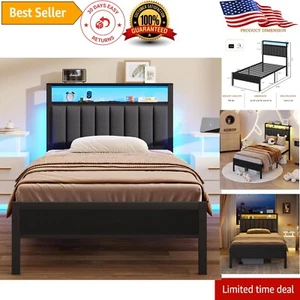 Twin Size Bed Frame with Charging Station and LED Lights, Platform Bed with Meta - Picture 1 of 11