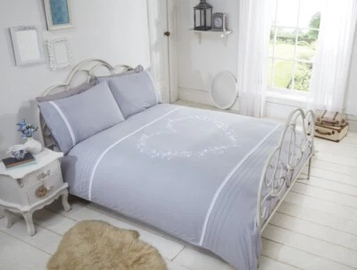 RAPPORT Heart Embellished Duvet Quilt Cover Bedding Set Grey