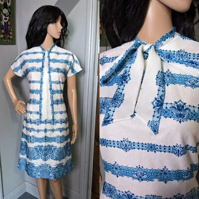 Винтажный 60-х 70-х синий народный печать Shift платье галстук Pussybow 10 38 - Изображение 1 из 4