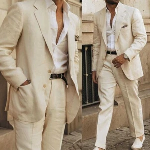 Herren Beige Leinen Anzug Einreihige Jacke Reversekragen Sakko Vielseitig - Bild 1 von 10