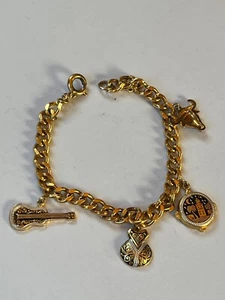 Goldtone Curb Chain Link Damascene Steerhead Guitar Scenic Charm Bracelet - 6.75 - Picture 1 of 24