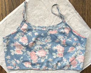BDG Urban Outfiters Floral Chambray Crop Top Blue Pink Medium - Picture 1 of 10