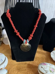 Multistrand Red Chunky Statement Beaded Boho Necklace With Shell Pendant - Picture 1 of 6