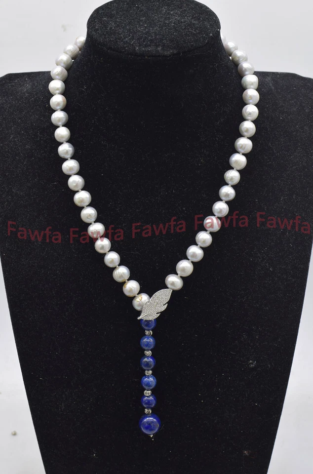 9-10mm Natural Gray Freshwater Cultured Pearl Blue Lapis Lazuli Pendant Necklace - Изображение 1 из 4