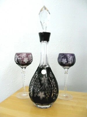 GORGEOUS CUT TO CLEAR %24 Lead CRYSTAL 15 1/2" DECANTER & 2 GOBLETS in PURPLE - Image 1 of 4