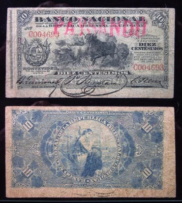 Uruguay Paysandu 10 Centesimos 1887 Overprint Sign v1 P #A87 i4693 National Bank - Image 1 of 3
