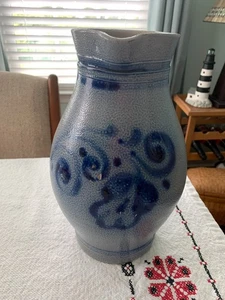Vintage Belgian Salt Glazed Stoneware Pitcher Vase w/handle Cobalt Blue Pottery - Picture 1 of 19