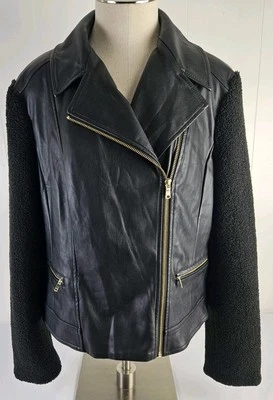 Chaqueta de motociclista de cuero suave negra COLE HAAN mangas de piel sintética cremallera completa talla L Foto 1 de 4