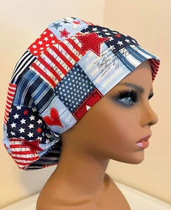 New Scrub Hat Nurse Dentist Chef Hairnet - Bonnet Euro USA Patriotic Bouffant  - Picture 1 of 5