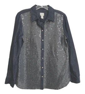 Chico’s Women's Blue Chambray Sequin Denim Front Shirt Jacket, Size 0 - Picture 1 of 5