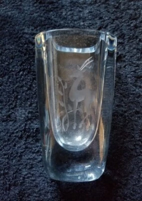 Strombergshyttan Vase Etched Gazelle Crystal Art Glass MCM 6" - Image 1 of 4