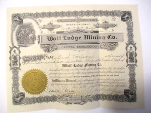 ANTIQUE 1925 WOLF LODGE MINING Co. STOCK CERTIFICATE COEUR D ALENE, IDAHO SEAL - Picture 1 of 2