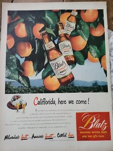 1948 Blatz botella de cerveza marrón California here we come naranjo anuncio vintage - Imagen 1 de 1