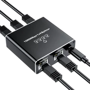 Ethernet Splitter 1 to 4 1000Mbps RJ45 Ethernet Cable Splitter with Power Cable - Picture 1 of 5