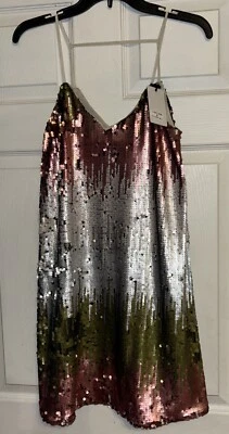 NWT Loveriche S Matte Sequin Cami Slip Dress Club Hoco Ombré Pink Silver Green - Image 1 of 4