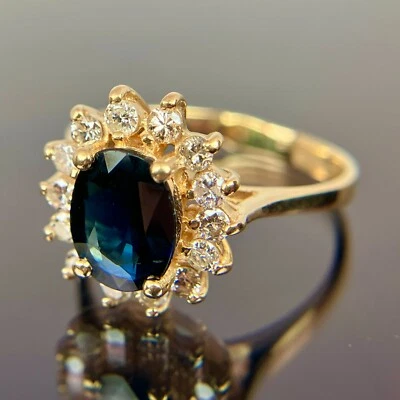 EFFY BH 14k Diamond & Sapphire Diana Style Halo Yellow Gold Ring Size 6.5 - Image 1 of 4