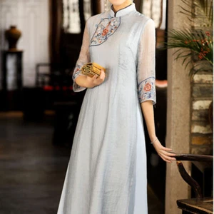 Ethnic Women Tea Dress Midi Embroidered Cheongsam Mandarin Collar 3/4 Sleeve - Picture 1 of 14