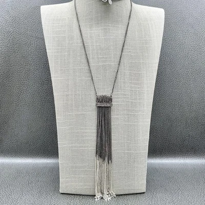 Collar Ann Taylor Largo Tono Plata Cadena Flecos Borla Cristal Barra Colgante Foto 1 de 4